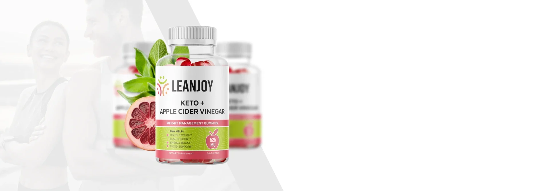 Leanjoy Keto and apple cider vinegar gummy bottles beside a person on an ordinary day