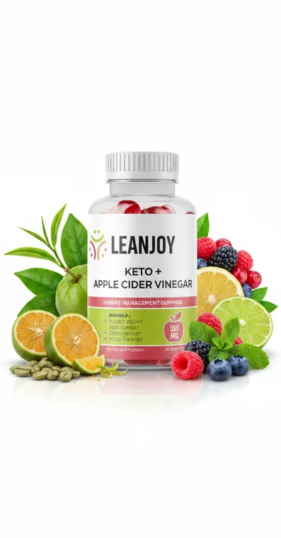 Leanjoy Keto plus apple cider vinegar weight loss gummies bottle surrounded by apples, citrus, berries and green tea leaves